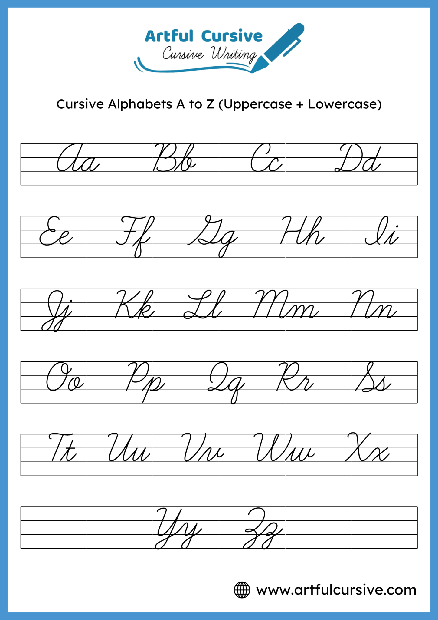 Cursive Alphabet A to Z Worksheets (uppercase + Lowercase)